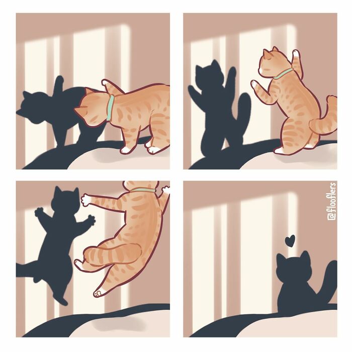 Four-panel comic of a cat playing, shadow mimics, creating hilarious and cute moments. Four-panel comic of a cat playing, shadow mimics, creating hilarious and cute moments.