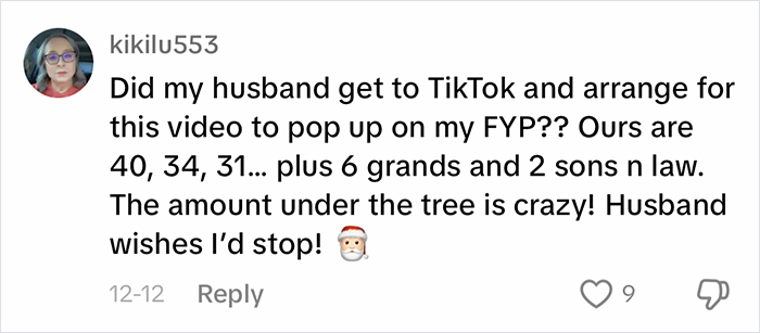 Social media comment about holiday gifts and family; parents question gift-buying decisions. Social media comment about holiday gifts and family; parents question gift-buying decisions.