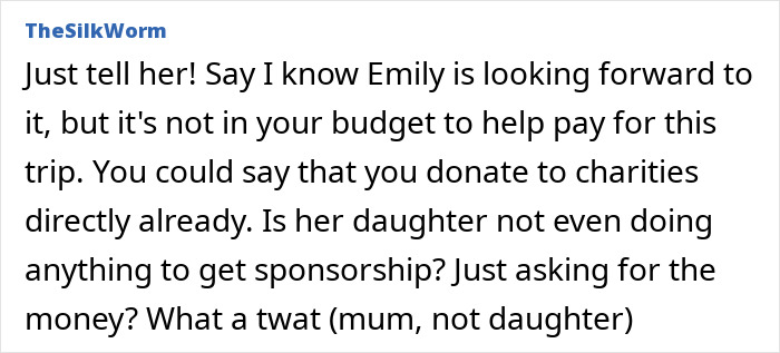 Text conversation about a woman asking to fund her daughter's exotic trip, mentioning budget concerns and charity donations. Text conversation about a woman asking to fund her daughter's exotic trip, mentioning budget concerns and charity donations.