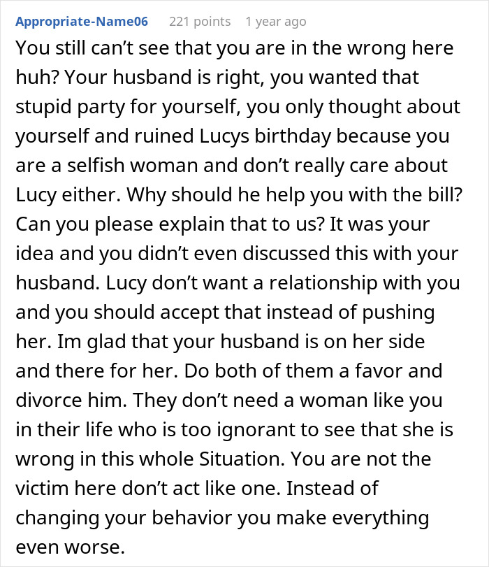 Online comment criticizing a woman for a party thrown for her stepdaughter. Online comment criticizing a woman for a party thrown for her stepdaughter.