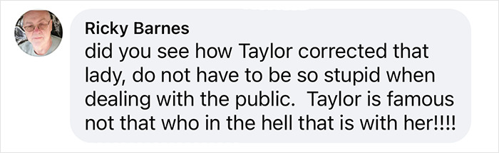Comment discussing Taylor Swift confronting a team member. Comment discussing Taylor Swift confronting a team member.