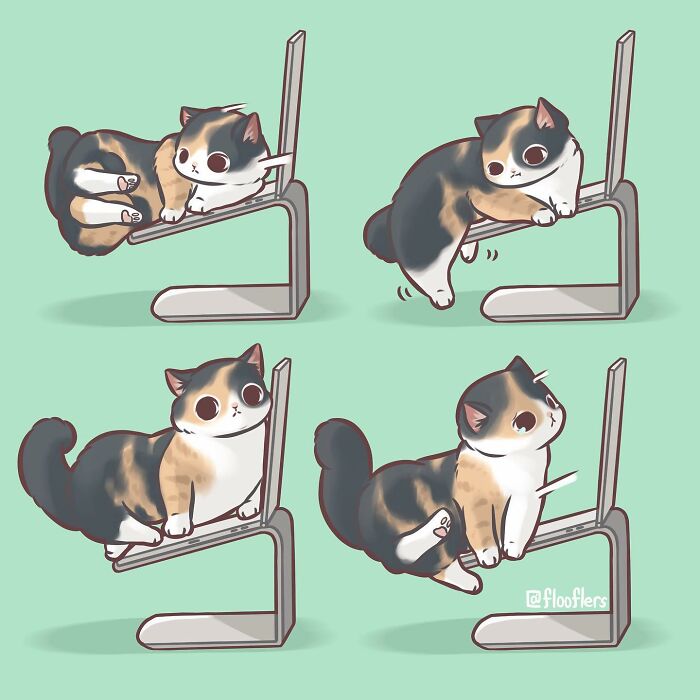 Cute cat illustrated in a 4-panel comic, playfully interacting with a laptop. Cute cat illustrated in a 4-panel comic, playfully interacting with a laptop.