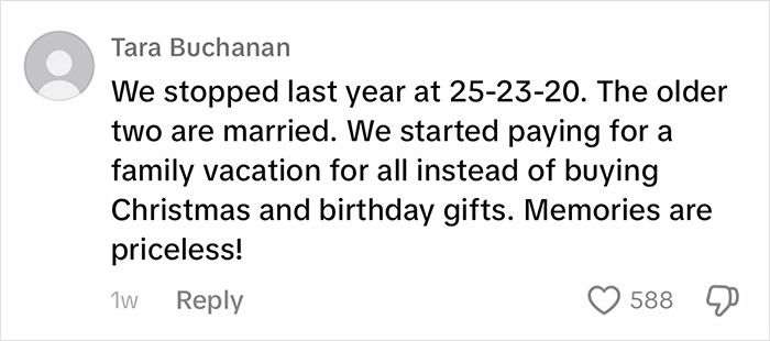 Comment about choosing family vacations over gifts for kids. Comment about choosing family vacations over gifts for kids.
