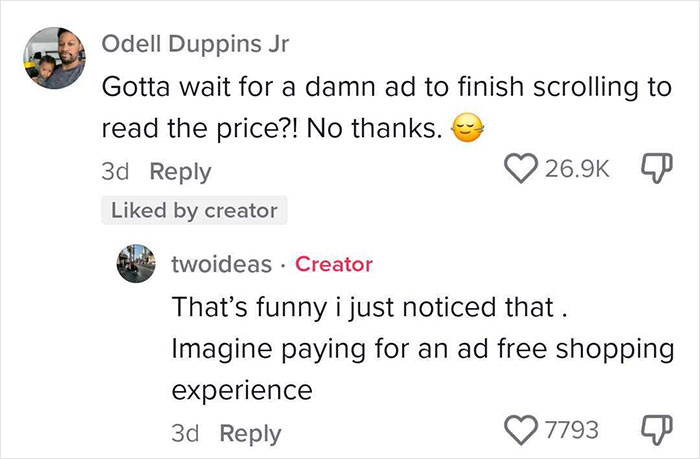 Social media comments discussing dystopic retail games and ad interruptions during shopping. Social media comments discussing dystopic retail games and ad interruptions during shopping.