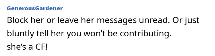 A comment discouraging contributions to a woman's request for money for her daughter's exotic trip. A comment discouraging contributions to a woman's request for money for her daughter's exotic trip.