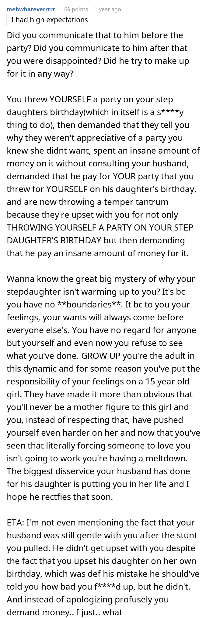 Text comment criticizing a woman for hosting a costly birthday party for her stepdaughter without consulting her husband. Text comment criticizing a woman for hosting a costly birthday party for her stepdaughter without consulting her husband.