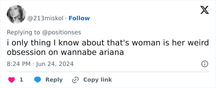 Tweet criticizing an Ariana Grande impersonator for extreme weight loss to mimic the singer's appearance. Tweet criticizing an Ariana Grande impersonator for extreme weight loss to mimic the singer's appearance.