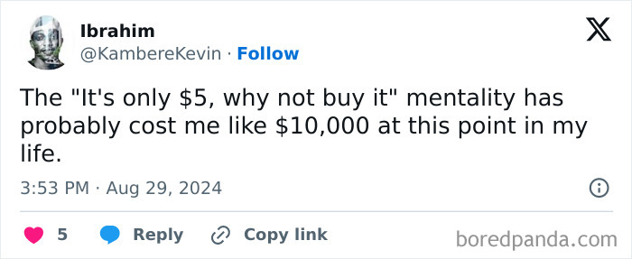 Funny meme about impulse buying, highlighting how small purchases add up over time.