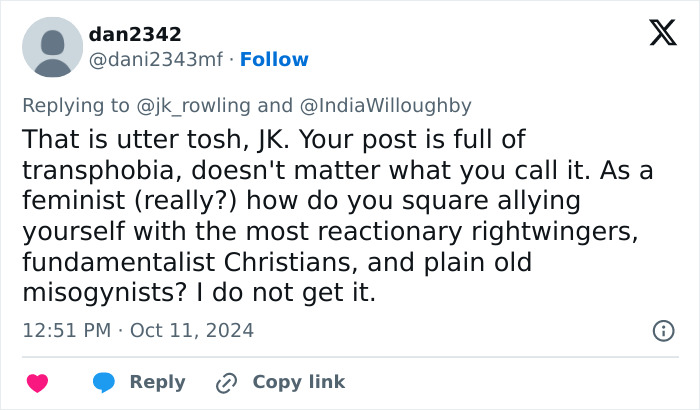 Tweet reacting to JK Rowling's stance on New York Times article, criticizing her views. Tweet reacting to JK Rowling's stance on New York Times article, criticizing her views.