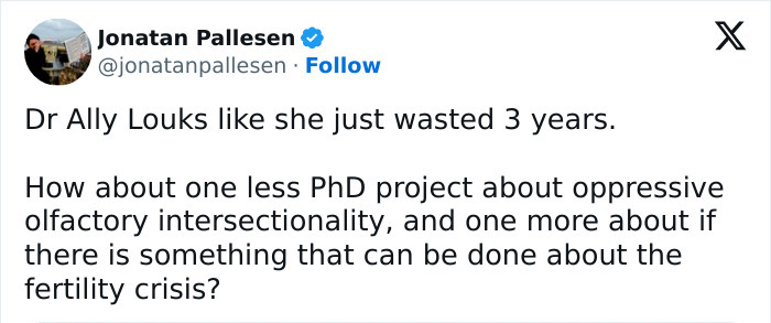 Tweet criticizing a "Politics of Smell" thesis, questioning its value in addressing real-world issues. Tweet criticizing a "Politics of Smell" thesis, questioning its value in addressing real-world issues.