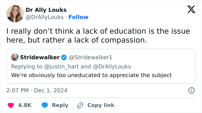 Dr Ally Louks replies to a tweet discussing education and compassion related to the politics of smell thesis. Dr Ally Louks replies to a tweet discussing education and compassion related to the politics of smell thesis.