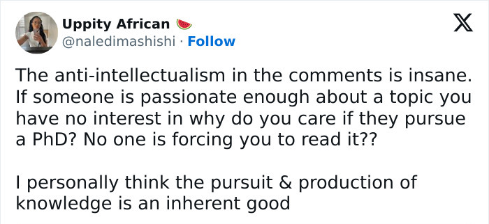 Tweet defends academic's "Politics of Smell" thesis amid backlash, emphasizing the value of knowledge pursuit. Tweet defends academic's "Politics of Smell" thesis amid backlash, emphasizing the value of knowledge pursuit.