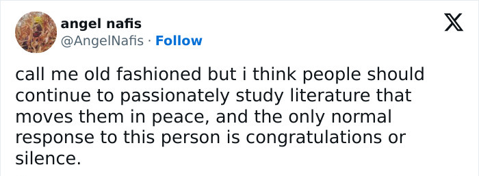 Tweet discussing appreciation for studying literature passionately, amid debates on "woke" academic topics like "politics of smell. Tweet discussing appreciation for studying literature passionately, amid debates on "woke" academic topics like "politics of smell.