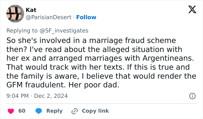 Tweet about Hannah Kobayashi’s link to marriage scam involving Argentineans, discussing potential fraud. Tweet about Hannah Kobayashi’s link to marriage scam involving Argentineans, discussing potential fraud.