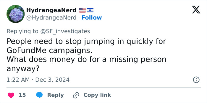 Tweet questioning GoFundMe support for a missing person linked to marriage scam investigation. Tweet questioning GoFundMe support for a missing person linked to marriage scam investigation.
