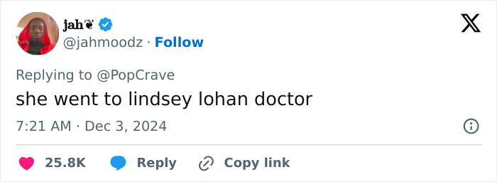 Tweet referencing Donatella Versace's "new face" at a musical premiere. Tweet referencing Donatella Versace's "new face" at a musical premiere.