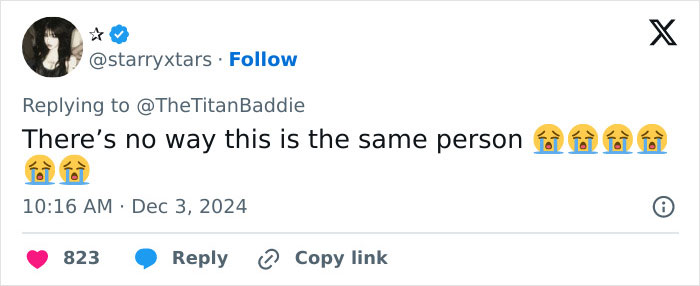 Tweet expressing disbelief about someone's appearance with crying emojis. Tweet expressing disbelief about someone's appearance with crying emojis.
