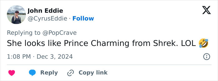 Tweet by John Eddie referencing Prince Charming, discussing a new look and making a humorous comparison. Tweet by John Eddie referencing Prince Charming, discussing a new look and making a humorous comparison.