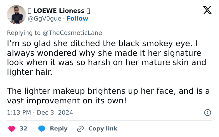 Tweet discussing makeup changes, highlighting improvement with lighter makeup for mature skin and hair. Tweet discussing makeup changes, highlighting improvement with lighter makeup for mature skin and hair.