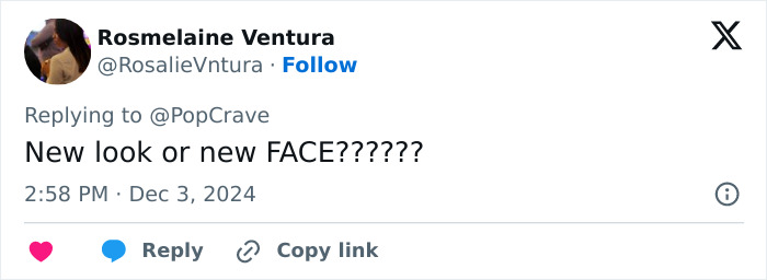 Tweet discussing Donatella Versace's "new face" at Devil Wears Prada musical premiere, questioning her look. Tweet discussing Donatella Versace's "new face" at Devil Wears Prada musical premiere, questioning her look.