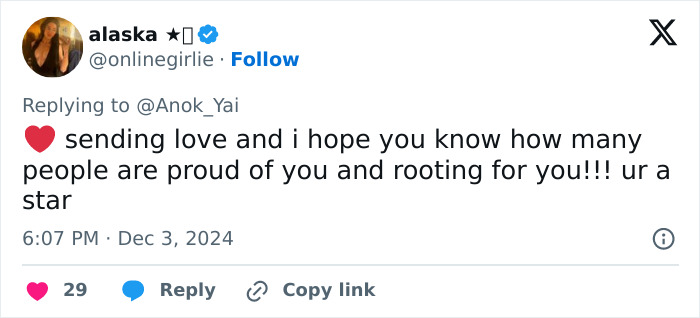Tweet supporting contestant after modeling event decision, emphasizing pride and encouragement. Tweet supporting contestant after modeling event decision, emphasizing pride and encouragement.