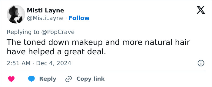 Tweet by Misti Layne commenting on makeup and hair changes at a public event. Tweet by Misti Layne commenting on makeup and hair changes at a public event.