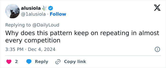 Tweet questioning repetitive patterns in competitions. Tweet questioning repetitive patterns in competitions.