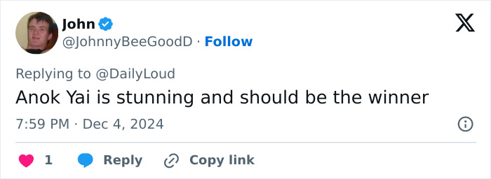Tweet from John expressing support for Anok Yai as the model of the year winner. Tweet from John expressing support for Anok Yai as the model of the year winner.