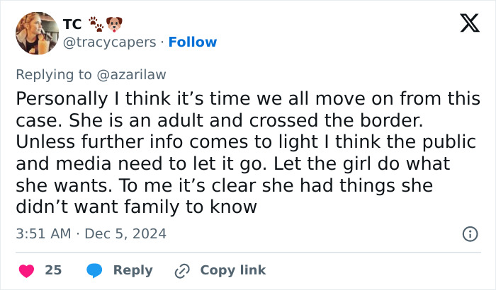 Tweet discussing Hannah Kobayashi case linked to green card marriage scam, suggesting closure and respect for her choices. Tweet discussing Hannah Kobayashi case linked to green card marriage scam, suggesting closure and respect for her choices.