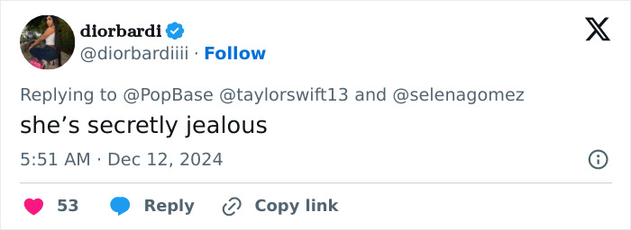 Tweet about Taylor Swift's reaction to Selena Gomez's engagement, with user comment: "she’s secretly jealous. Tweet about Taylor Swift's reaction to Selena Gomez's engagement, with user comment: "she’s secretly jealous.