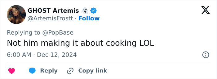 Tweet humorously referencing Gordon Ramsay's comment about cooking and Selena Gomez. Tweet humorously referencing Gordon Ramsay's comment about cooking and Selena Gomez.