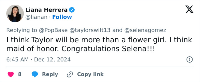 Taylor Swift mentioned in tweet congratulating Selena Gomez on engagement. Taylor Swift mentioned in tweet congratulating Selena Gomez on engagement.