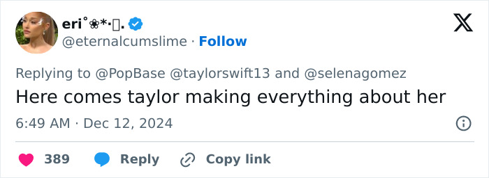 Social media post critiquing Taylor Swift regarding Selena Gomez engagement news. Social media post critiquing Taylor Swift regarding Selena Gomez engagement news.
