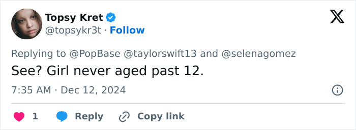 Tweet mentioning Taylor Swift and Selena Gomez about never aging past 12. Tweet mentioning Taylor Swift and Selena Gomez about never aging past 12.