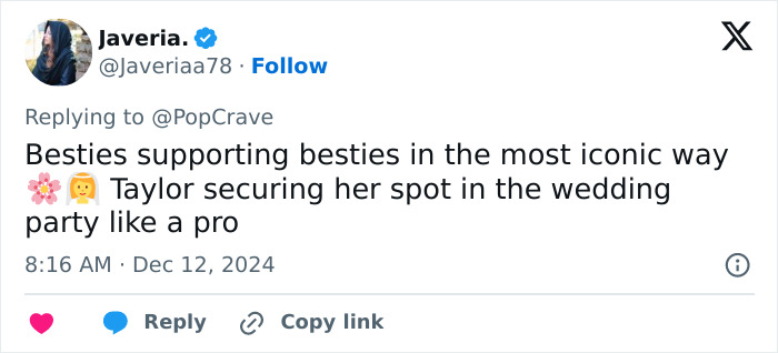 Tweet about Taylor Swift supporting Selena Gomez's engagement with best friend emojis. Tweet about Taylor Swift supporting Selena Gomez's engagement with best friend emojis.
