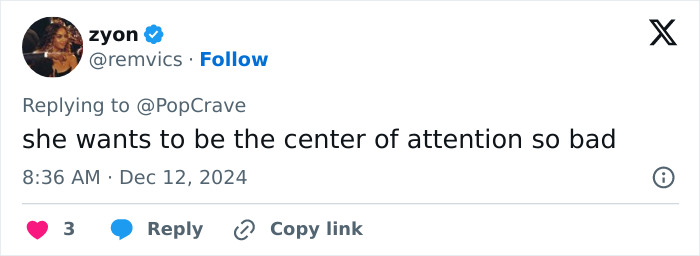Tweet about Taylor Swift’s comment on Selena Gomez's engagement, implying attention-seeking. Tweet about Taylor Swift’s comment on Selena Gomez's engagement, implying attention-seeking.