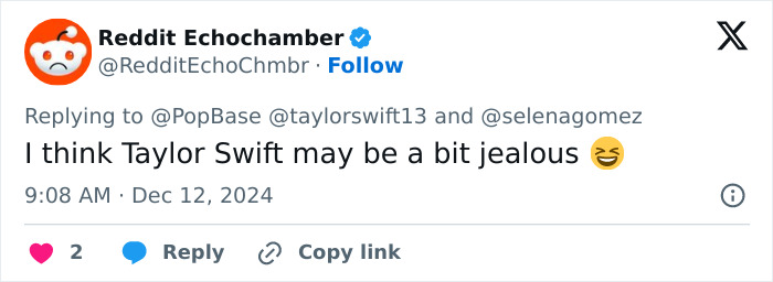 Tweet suggesting Taylor Swift's jealousy over Selena Gomez's engagement. Tweet suggesting Taylor Swift's jealousy over Selena Gomez's engagement.