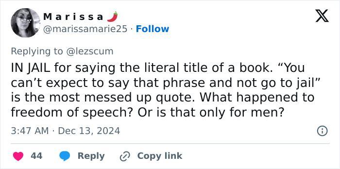 Tweet by a woman questioning freedom of speech after being jailed for quoting a book title. Tweet by a woman questioning freedom of speech after being jailed for quoting a book title.