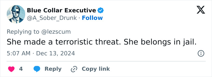 Tweet criticizing Briana Boston's arrest, mentioning terroristic threat. Tweet criticizing Briana Boston's arrest, mentioning terroristic threat.