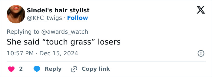 Tweet reply referencing “touch grass” comment related to Nicole Kidman. Tweet reply referencing “touch grass” comment related to Nicole Kidman.