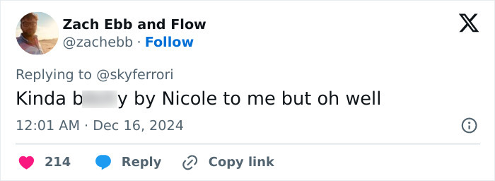 Tweet criticizing Nicole Kidman's behavior at the Babygirl premiere by user Zach Ebb and Flow. Tweet criticizing Nicole Kidman's behavior at the Babygirl premiere by user Zach Ebb and Flow.