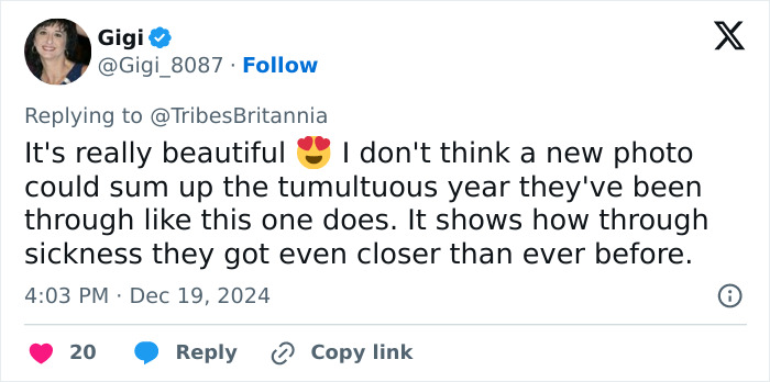 Gigi's tweet praising Kate and William's Christmas card for its emotional impact and beauty. Gigi's tweet praising Kate and William's Christmas card for its emotional impact and beauty.