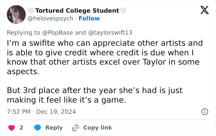 Tweet expressing fan outrage as Taylor Swift ranks 3rd on 2024 greatest pop stars list. Tweet expressing fan outrage as Taylor Swift ranks 3rd on 2024 greatest pop stars list.