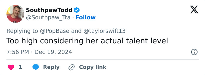 Tweet expressing fan outrage over Taylor Swift's ranking as the 3rd greatest pop star of 2024. Tweet expressing fan outrage over Taylor Swift's ranking as the 3rd greatest pop star of 2024.