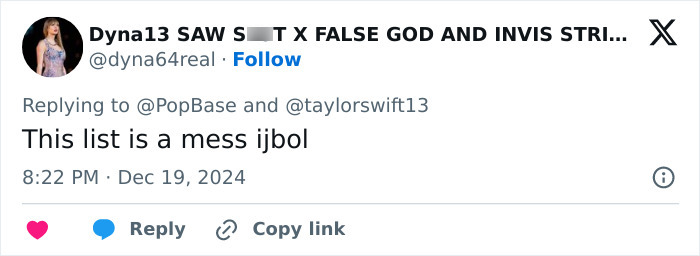 Tweet expressing fan outrage over Taylor Swift's 3rd place ranking on Greatest Pop Stars of 2024 list. Tweet expressing fan outrage over Taylor Swift's 3rd place ranking on Greatest Pop Stars of 2024 list.