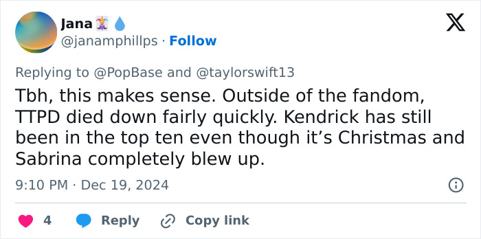 Tweet about Taylor Swift ranking on Greatest Pop Stars 2024 list, discussing fan reactions and other artists. Tweet about Taylor Swift ranking on Greatest Pop Stars 2024 list, discussing fan reactions and other artists.