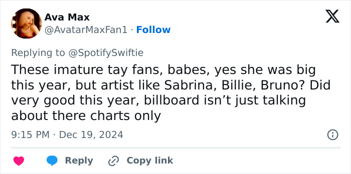 A tweet discussing Taylor Swift ranking 3rd among greatest pop stars, mentioning other artists. A tweet discussing Taylor Swift ranking 3rd among greatest pop stars, mentioning other artists.