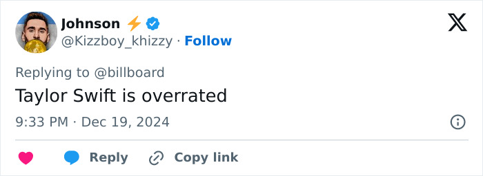 Tweet expressing fan outrage about Taylor Swift ranking 3rd on Greatest Pop Stars of 2024 list. Tweet expressing fan outrage about Taylor Swift ranking 3rd on Greatest Pop Stars of 2024 list.