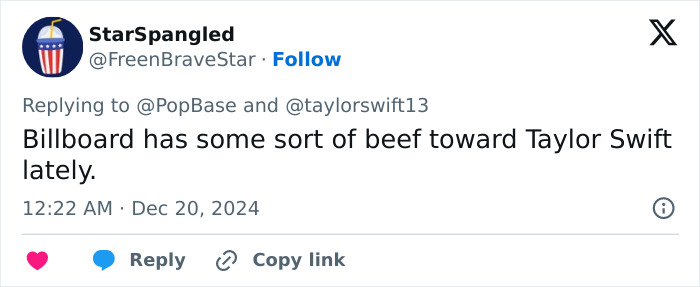 Fan tweet about Billboard's perceived bias against Taylor Swift ranking 3rd on pop stars list 2024. Fan tweet about Billboard's perceived bias against Taylor Swift ranking 3rd on pop stars list 2024.