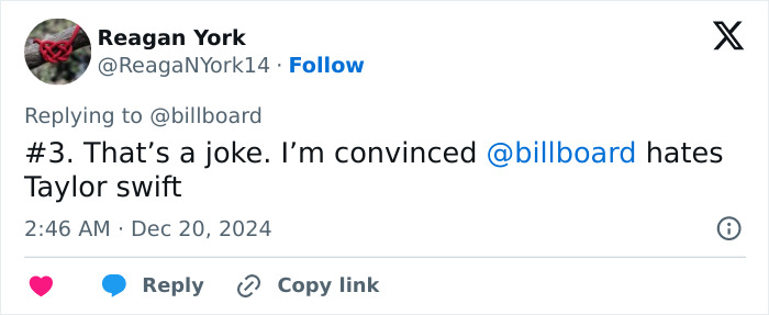 Tweet expressing outrage over Taylor Swift ranking 3rd in greatest pop stars of 2024. Tweet expressing outrage over Taylor Swift ranking 3rd in greatest pop stars of 2024.